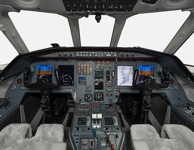 Cockpit of Falcon 2000 with plush pilot seats