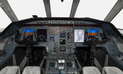 Cockpit of Falcon 2000 with plush pilot seats
