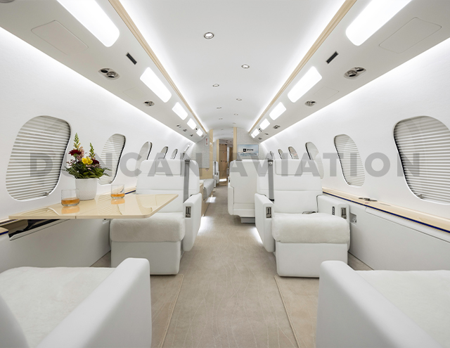 Light, bright, and cozy updated interior of GLEX aircraft