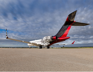Tail view of newly painted Global with custom black and red scheme
