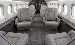 Dove gray club seats with custom stitching on Falcon 2000 interior refurbishment