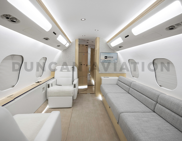 White, bright, and cozy interior of GLEX aircraft