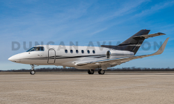 Exterior paint of Hawker 800 in white with black and gray accent stripes