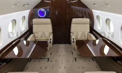 Refurbished Falcon 2000 with tan upholstery and dark wood tables