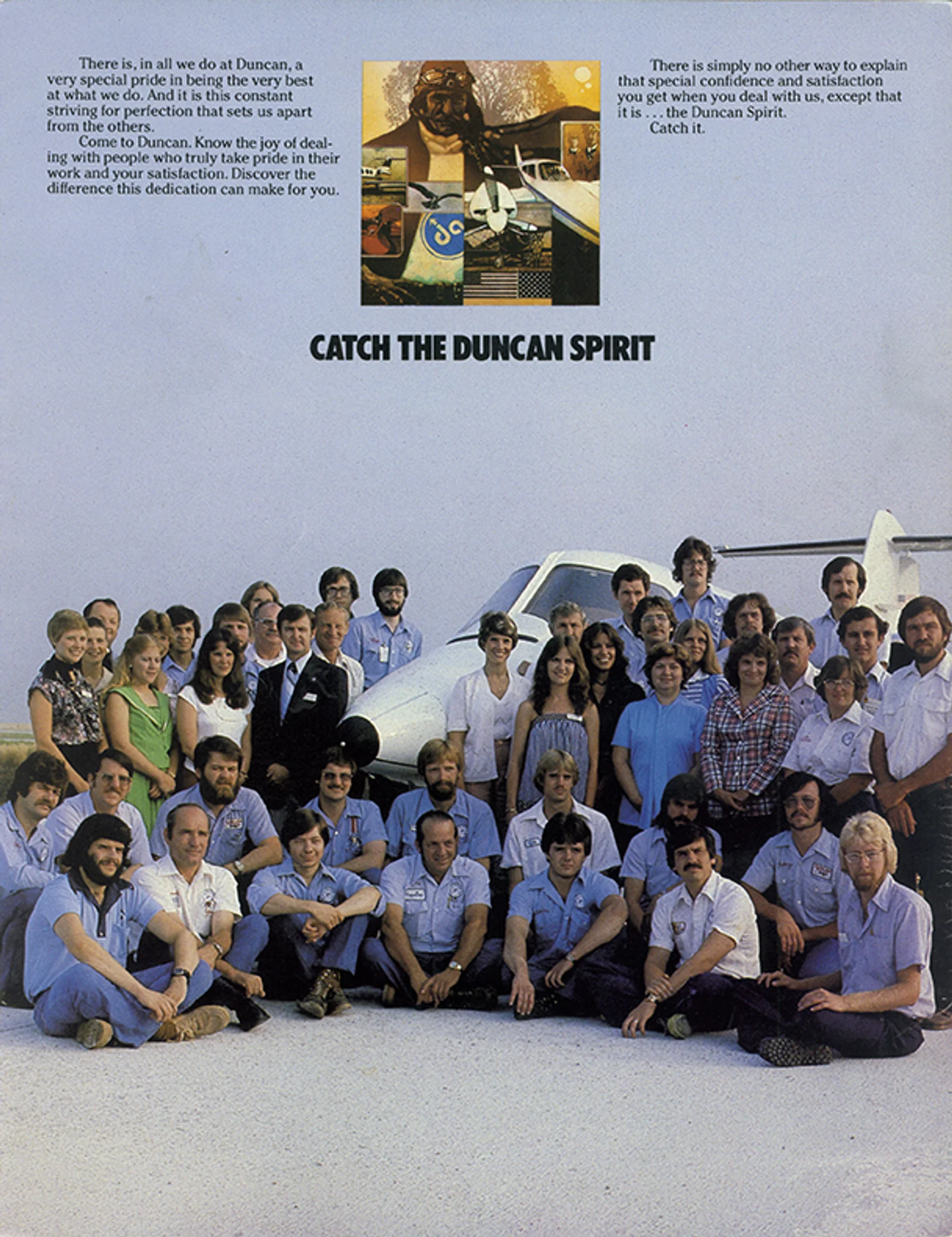 1979 advertisement featuring Duncan Aviation team members with the tagline "Catch the Duncan Spirit."